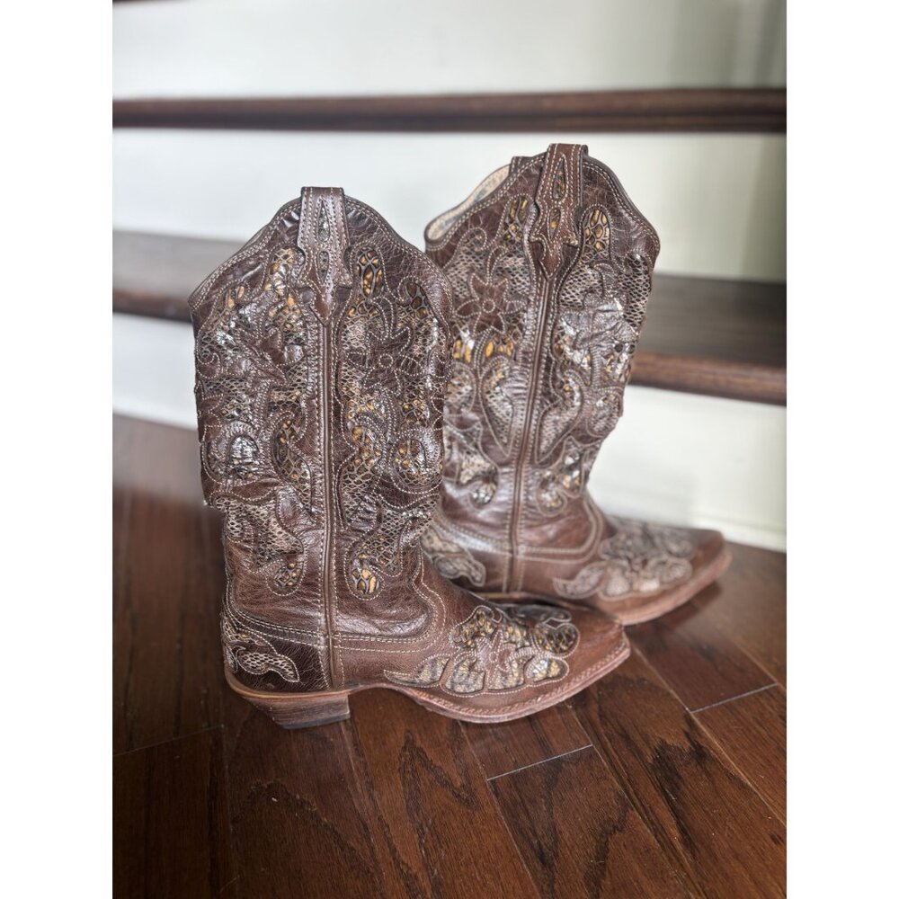 Twisted X Western Brown Python Inlay Leather Boot… - image 4